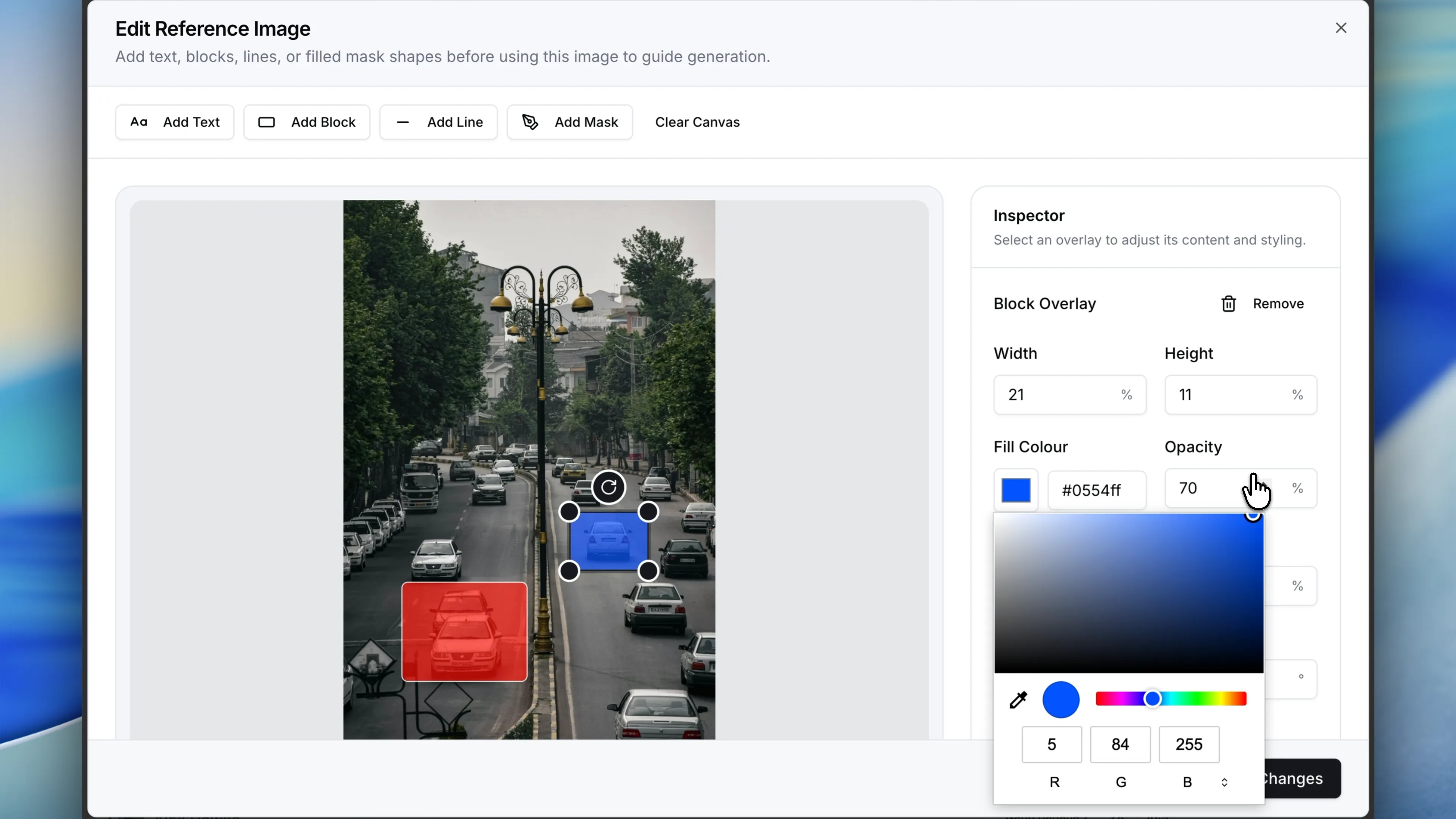 Image marker editor with block overlays, colour picker, and inspector panel