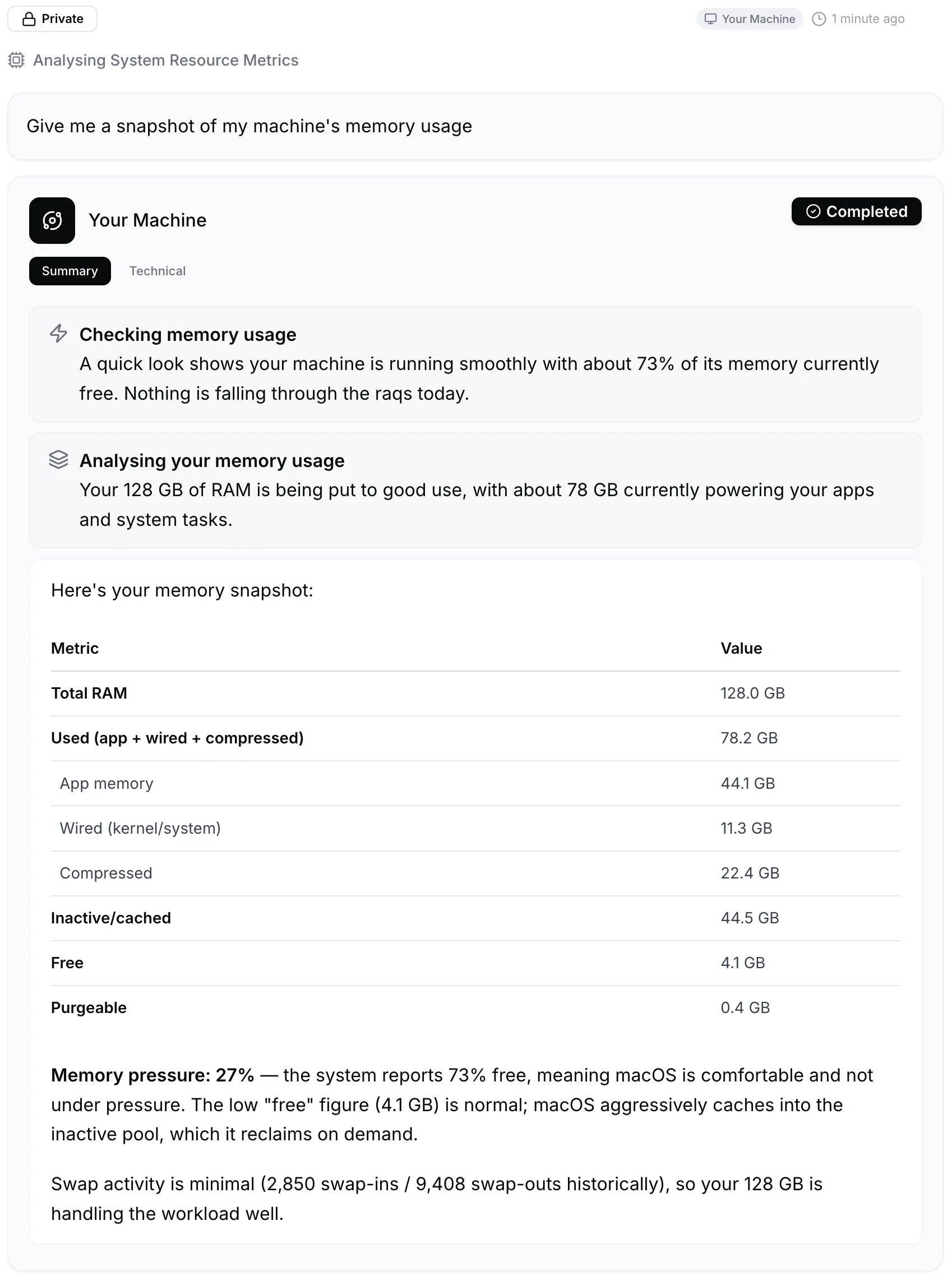 A completed Your Machine task in Launchpad showing system memory analysis