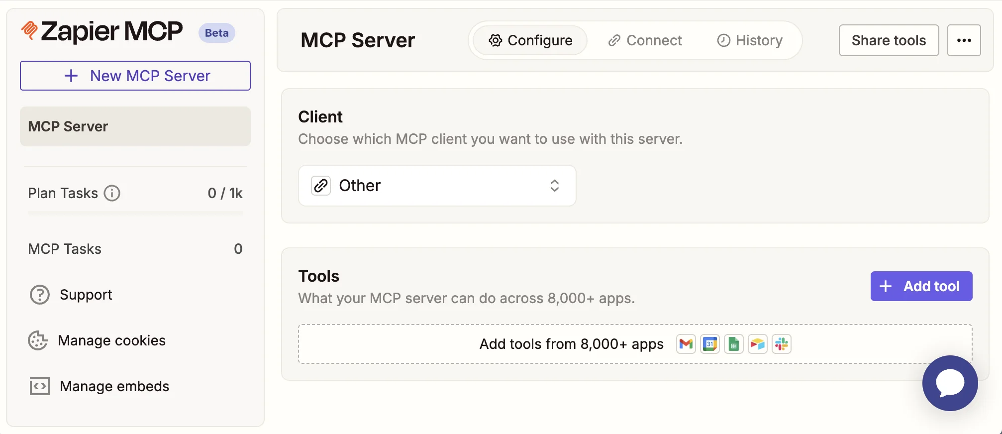 Zapier MCP Server dashboard showing the server configuration page with client selection and tools